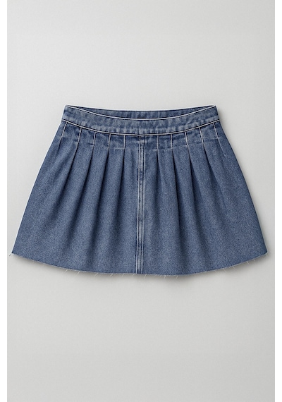 Blue White Kadın Şık Pileli Yazlık Mini Jean Etek Mavi