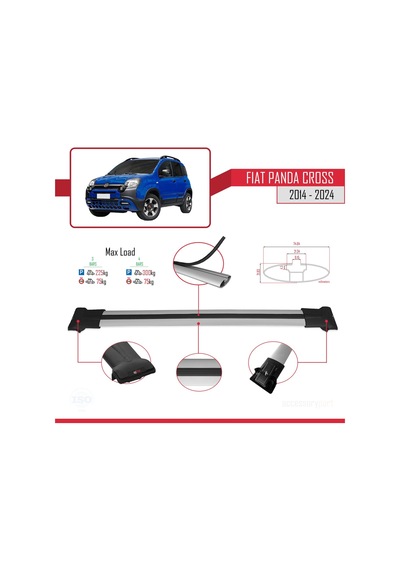 Fiat Panda Cross 2014 Ve Sonrası İle Uyumlu Fly Model Ara Atkı Tavan Barı Gri 3 Adet