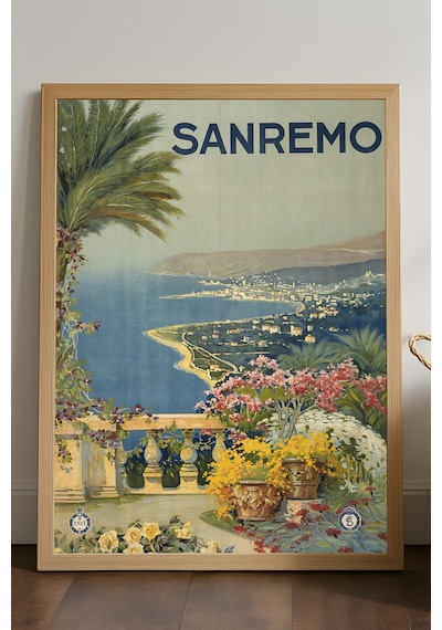 Sanremo Doğal Ahşap Çerçeveli Poster, Dekoratif Seyahat Duvar Tablosu