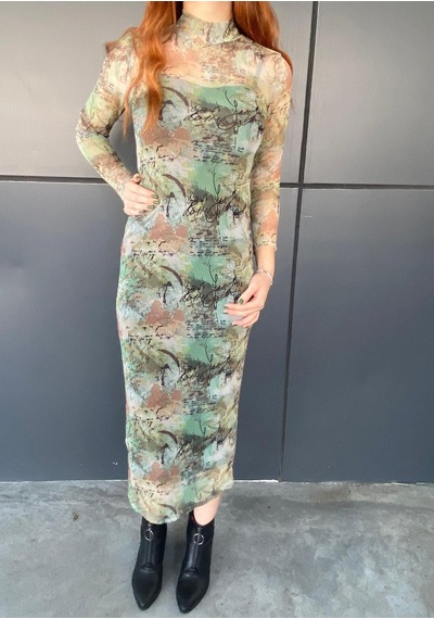 Bodycon Yarım Balıkçı Yaka Desenli Maxi Uzun Kollu Elbise- 200 Haki