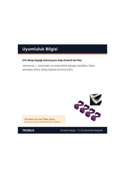Trobus 4'lü Sibop Kapağı Alüminyum Kalp Desenli Set Mor