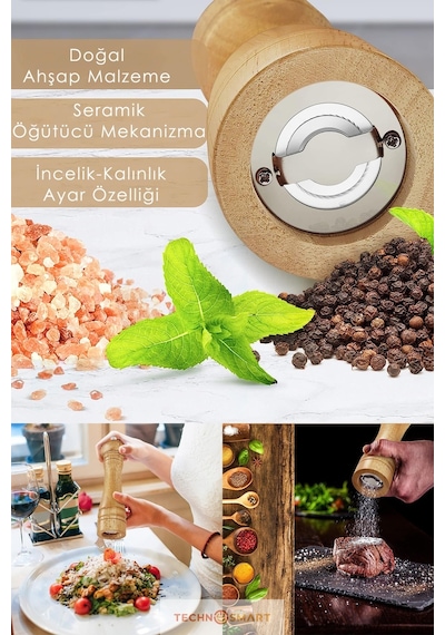 Technosmart 2'Li Doğal Ahşap Değirmen Karabiber Tuz Kahve Baharat Öğütücü Manuel El Değirmeni
