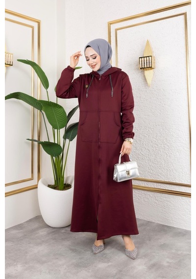Harman Butik Kadın Cepli Kapüşonlu Zincir Detaylı Scuba Kumaş Kap Bordo Bordo