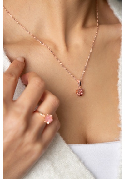 Kadın Rose Altın Kaplama Pembe Taşlı Lotus Çiçeği Kolye Yüzük  Set Rose Gold