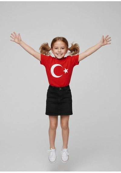 Nacar Store Kız Çocuk Ayyıldız Bayrak Baskılı T-shirt Ve Keten Etek Takım 23 Nisan-özel Bayramlar Kırmızı-siyah
