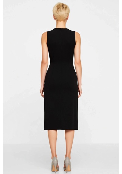 Benerly Kadın Bodycon Midi Elbise Havuz Yaka Kolsuz Aksesuar Detaylı Düz Siyah