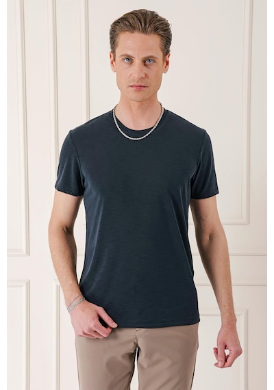 Efor Slim Fit Bisiklet Yaka Doku Desenli Pamuklu Siyah Tişört Ts 881 Siyah