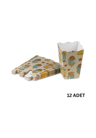 12li Ramazan Temalı Patlamış Mısır, Şeker Kutusu, Hediye Popcorn, İkram Kutusu, 6x6x11 Cm, Krem Renk Krem