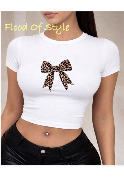 Flood Of Style Beyaz Babby Tee Leopar Kurdale Özel Tasarım
