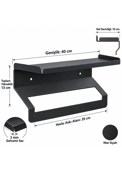 Metal Raflı Havluluk 40 Cm Duvar Tipi Havlu Askısı Siyah