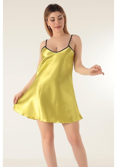 İnce Askılı Mini Saten Gecelik-336,fıstık Yesılı S/m Açık Bej - Beyaz