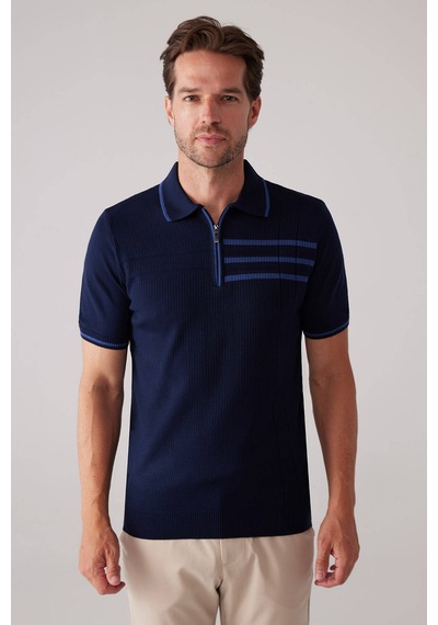 Erkek Lacivert Slim Fit Hafif Çizgili Fermuarlı Polo Yaka Tişört