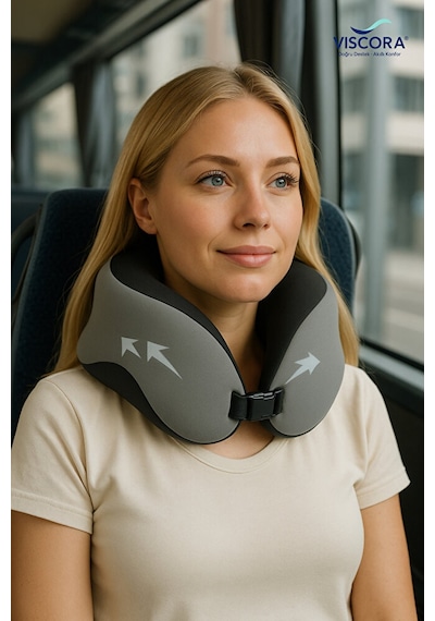 Vıscora Space Memory Foam Ortopedik Boyun Yastığı Seyahat Ve Ofis Kullanımı Gri - Siyah