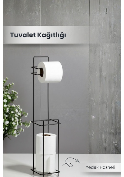 Yedek Hazneli Wc Tuvalet Kağıtlığı - Siyah Ferforje Metal Lüx Banyo Kağıtlık Siyah