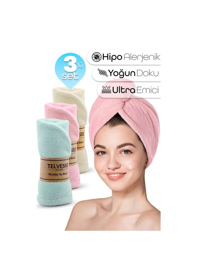 3lü Set Mikrofiber Saç Havlusu Plaj Deniz Havuz Bonesi Banyo Saç Kurutma Baş Havlusu Krm-pmb-trkuaz Pembe