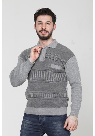 Kzc Tekstil Erkek Baba Orta Yaş Ve Üzeri Triko Örgü Akrilik Kışlık Regular Fit Cepli Fermuarlı Polo Yaka Kazak Açık Gri