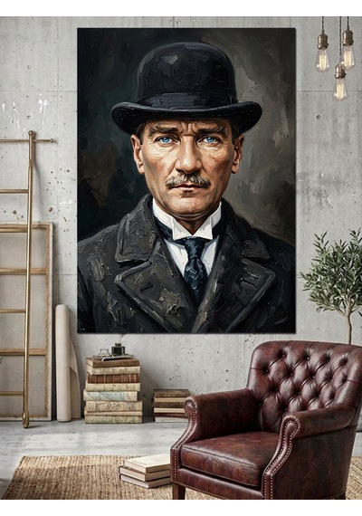 Melon Şapkalı Mustafa Kemal Atatürk Portresi Dekoratif Kanvas - Mdf Ahşap Tablo Çok Renkli
