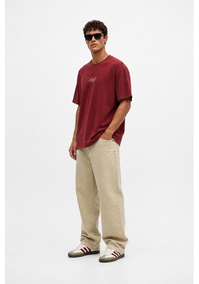 Respire Erkek Nakış Detaylı Yıkamalı Oversize T-shirt Bordo