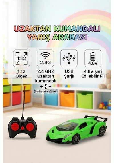 Uzaktan Kumandalı 1:12 Ölçekli 4 Fonksiyon Işıklı Usb Şarjlı 10-15km/h 2.4ghz Oyuncak Spor Araba Yeşil