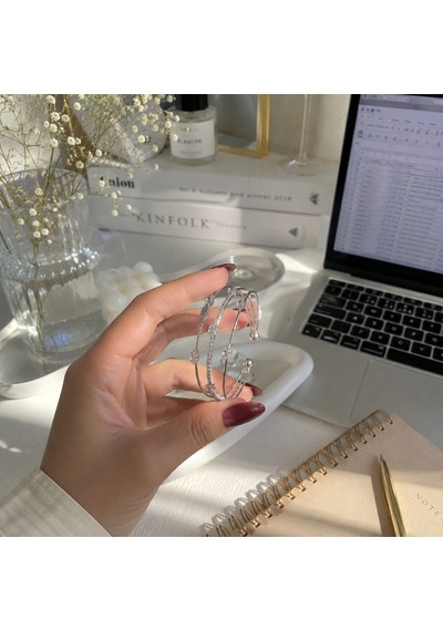 Luna Silver Taş Detaylı Çelik Kelepçe Bileklik Gümüş