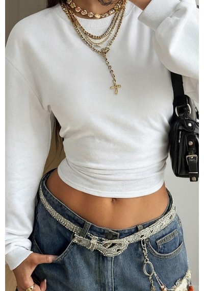 Kadın Bisiklet Yaka Belden Oturtmalı Tasarım Sweatshirt Beyaz