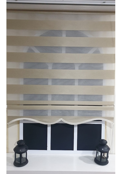 Zebra Stor Perde Organze Bej Etek Dilimli Stb905
