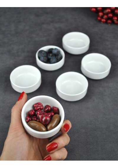 6'lı Porselen Mini Kase Bal Sosluk Kahve Yanı Lokumluk 6x6x2 Cm - Nergiss Beyaz