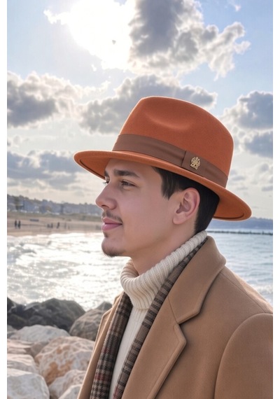 Mollycrush Erkek Mevsimlik Vintage Kiremit Turuncu Fötr Şapka Kemerli Şık Keçe Fedora Tasarımı Kiremit