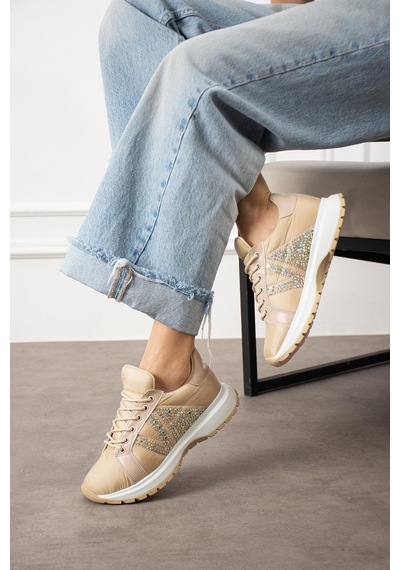 Shoetek Beatriz Kadın Sneakers Yandan Taşlı Bağcıklı Spor Ayakkabı Bej Bej
