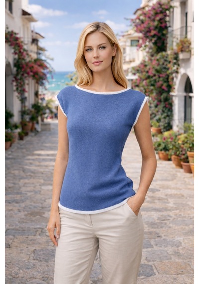 Aqefashion Kadın Kayık Yaka Sosis Yaka Yarasa Kol Beyaz Detaylı Modern Basic Özel Tasarım İndigo Triko Bluz