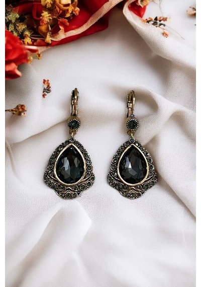 Kristal Taşlı Antik Bronz Su Damlası Küpe Gri