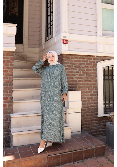 Nevayla Moda Çiçek Desenli Viskon Elbise - Yeşil / E0128 Yeşil