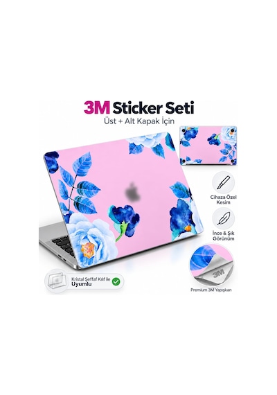 Macbook Pro 13 İnç Kristal Parlak Şeffaf Sert Kılıf Hard Case A2338 M1 M2 A2251 A2289 Uyumlu + Desenli 3m Sticker + Şeffaf Klavye Koruyucu 3'lü Set Lila Belirtilmemiş