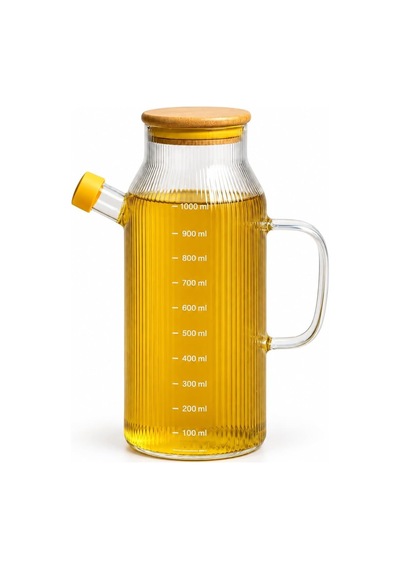 Bambu Kapaklı Çizgili Cam Yağlık 1000 Ml, Kulplu Yağdanlık, Kapaklı Dökme Ağızlı Şeffaf Zeytinyağı Ve Sıvı Yağ Şişesi, 1 Litre