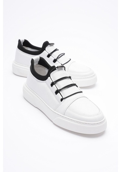 Erkek Hakiki Deri Lastik Detaylı Streçli Sneaker Beyaz Enzo Beyaz