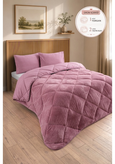 Premium Çift Taraflı Wellsoft Yorgan Seti Battal Boy 215x235 Cm 2 Adet Yastık Kılıflı Gül Kurusu