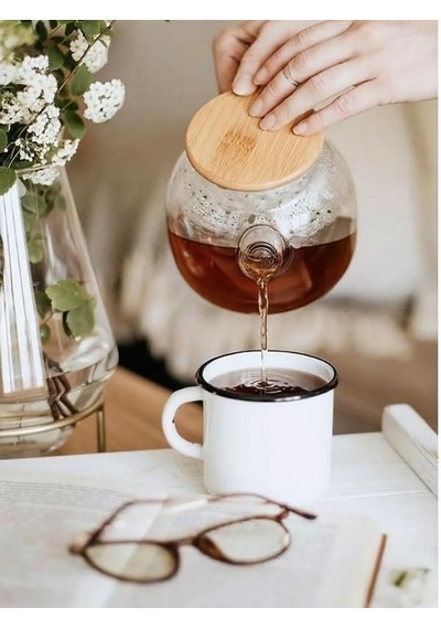 Vakumlu Bambu Kapaklı Isıya Dayanıklı Borosilikat Cam Demlik, Süzgeçli 1000 Ml Teapot.deconox Vakumlu Bambu Ka Diğer