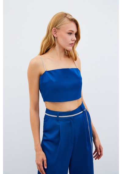 Sateen Taş Askılı Saten Crop Bluz - Mavi-134981 Mavi