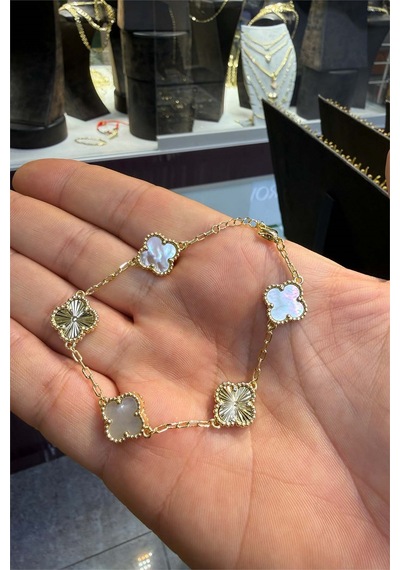 Sedefli Yonca Bileklik Altın