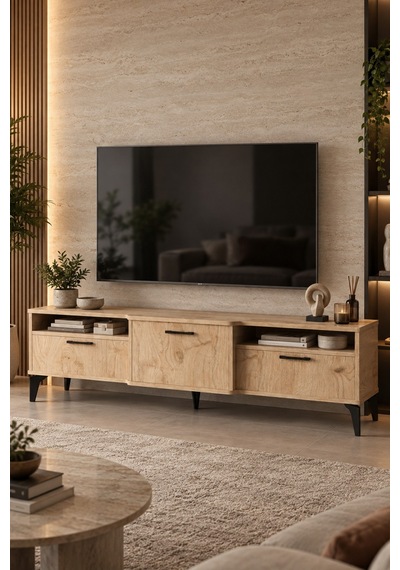 Sulorahome Bej Traverten Desenli Suntalam Tv Sehpası 160x40 Cm Turkuaz