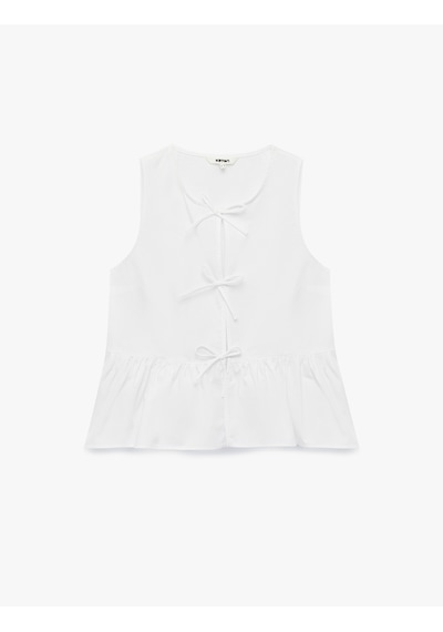 Koton Pamuklu Kolsuz Yuvarlak Yaka Peplum Kesim Fiyonklu Poplin Bluz Beyaz 6sak60245ew