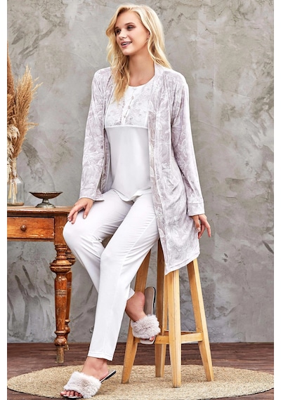 Flz 31-104 Bayan Kadife Sabahlık Pijama Takımı Vizon