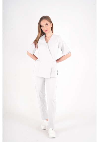 Beyaz Elegant Model Cerrahi Üniforma Belden Bağlamalı Scrubs Takım Beyaz