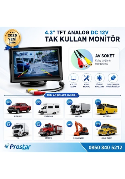 4.3 İnç Tft Analog Araç Monitörü Tak Kullan Rca, Dc 12v Geri Görüş Ekranı