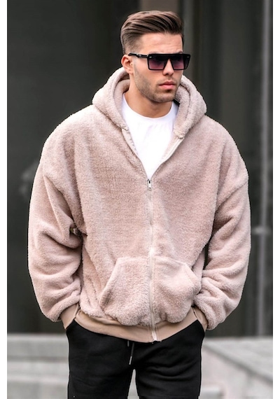 Madmext Bej Peluş Over Fit Kapüşonlu Fermuarlı Erkek Sweatshirt 6049 Bej