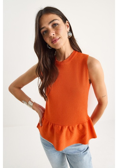 Shade Kadın Bisiklet Yaka Peplum Triko Top 20251019 - Turuncu Shade Kadın Bisiklet Yaka Peplum Triko Top 20251019 - Turuncu
