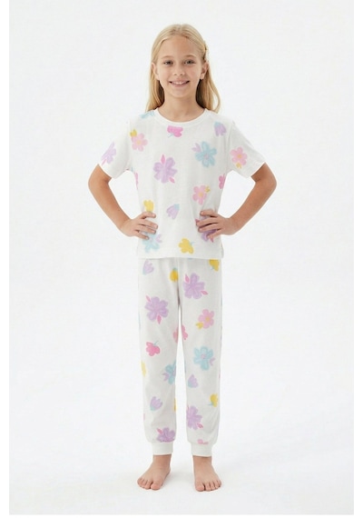 Zuzunga Pastel Renkli Çiçek Desenli Beyaz Kız Çocuk Pamuk Pijama Takımı