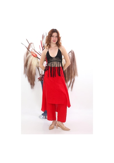 Bohem Stil İtalyan Ham Keten Pantolon Etek-8747 Kırmızı