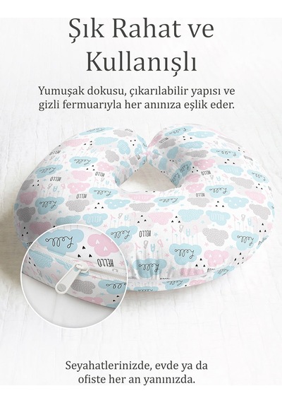 Bulut Desenli Pamuklu Boyun Yastığı - Pastel Mavi Pembe Gri Çocuk & Yetişkin Seyahat Yastığı Açık Gün Doğumu Kiremit