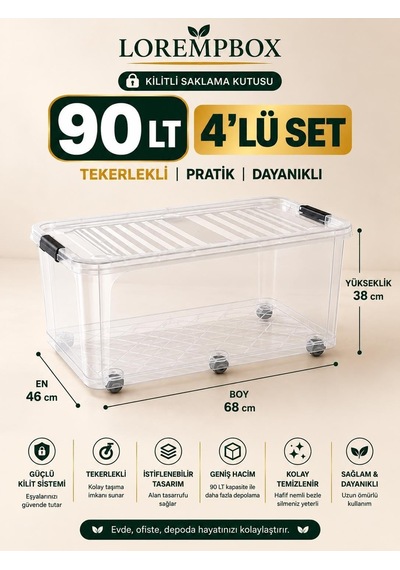 Lorempbox 90 L Tekerlekli Kilitli Saklama Kutusu 4'lü Set Şeffaf Diğer